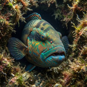 一條色彩繽紛的熱帶魚隱藏在水下的珊瑚和海藻之間。