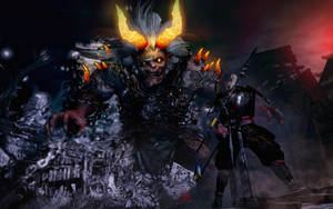 發光角的惡魔武士在廢墟城市中與戰士對峙於黃昏。
