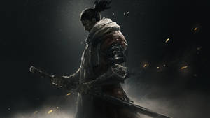 武士戰士在黑暗場景中持刀，周圍有飄浮的餘燼。