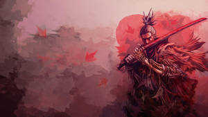 武士持劍，背景為紅色楓葉和天空。