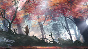 秋日森林中的武士，紅葉與霧光。