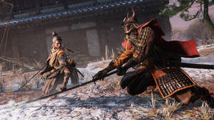 兩名身穿盔甲的武士在黃昏時分的雪地日本庭院中用劍戰鬥。