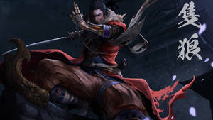 武士戰士披紅色斗篷，在黑暗風暴場景中揮劍，帶有日文文字。