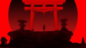 日落時分，紅色鳥居下武士的剪影。