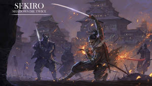 武士武士在夜間城堡中用劍與身穿盔甲的敵人戰鬥。