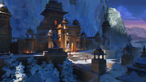 暮色天空下，被雪覆蓋的古老寺廟建築群，窗戶閃爍著光芒。 — 日產 Skyline GTR R33 壁紙