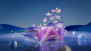 在藍天下,平靜的水面上漂浮著花朵的紫色幾何雕塑。