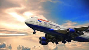 英國航空的珍寶客機在日落時低飛越過雲層。