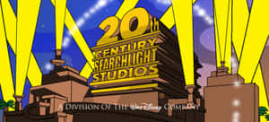 夜間帶有黃色聚光燈的 20th Century Searchlight Studios 標誌。