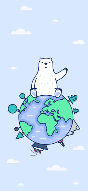 一隻微笑的北極熊騎著地球儀，周圍漂浮著旅行圖標。 — 北極熊 GIF 壁紙