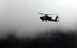 軍用直升機在黎明時分飛越霧氣籠罩的森林 — 黎明 壁紙