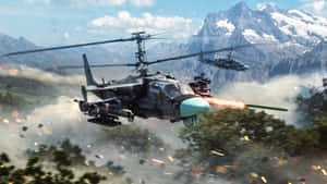 軍用直升機在積雪的山脈上空發射導彈的戰鬥場景。 — 直升機 壁紙