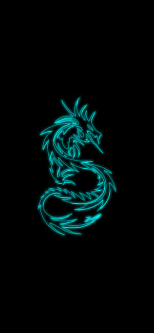 黑色背景上發光的青色霓虹龍輪廓 — 1320x2868 壁紙