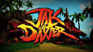 Jak and Daxter 遊戲標誌以火橙色和黃色呈現於熱帶村莊場景之上。
