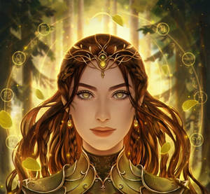 穿著金色盔甲和王冠的奇幻女性，被森林中發光的星座符號環繞。