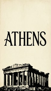 帕德嫩神廟的黑白圖形，上方有粗體文字 ATHENS