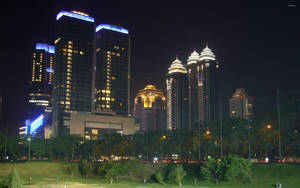 夜晚城市天際線，摩天大樓燈火通明，前景是綠色公園