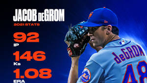 身穿大都會隊球衣的棒球選手Jacob deGrom，附有2021年統計圖表。 — 棒球 壁紙
