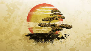 盆景樹剪影映襯著紋理豐富的日落，帶有橙、黃、紅色調。