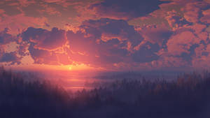 夕陽映照霧氣瀰漫的森林和河流，雲彩發光 — 美麗的日落動畫 壁紙