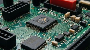 綠色電路板上Atari晶片及周圍電子元件的特寫。
