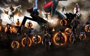 Marvel 英雄與反派以火焰和能量效果戰鬥。 — 復仇者聯盟標誌 壁紙