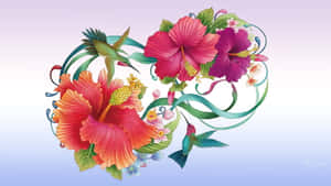 以木芙蓉和蜂鳥為主題的心形花卉設計，色彩鮮豔。