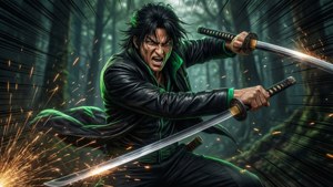 動漫戰士在黑暗森林中揮劍，火花四濺