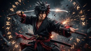 身穿黑紅鎧甲的動漫武士，揮舞雙劍，伴隨著發光的符文和飛濺的火花。