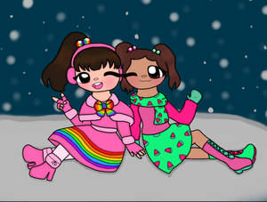 兩個穿著明亮冬季服裝的動畫女孩，在下雪時坐在雪中。