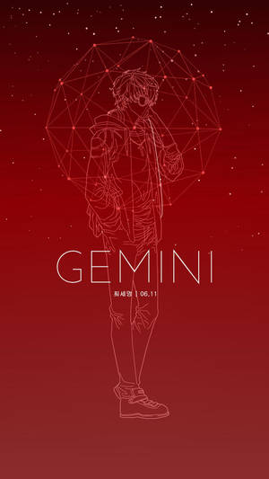 動畫男孩在紅色星空背景下的星座穹頂下，帶有 'GEMINI' 文字。