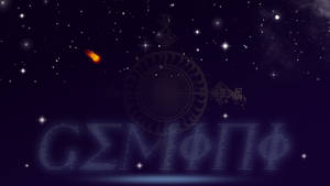 一顆發光的彗星在繁星點點的夜空中飛過一個神秘的符號和發光的文字。