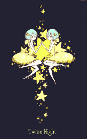 兩個相同的動漫女孩，藍色頭髮和黃色星星連衣裙，在夜晚漂浮在發光的星星之間。