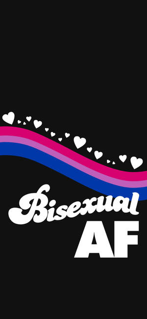 Bisexual AF 文字搭配驕傲旗幟顏色和心形，背景為黑色。
