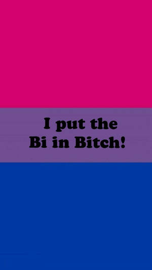 粉紅、紫和藍色橫幅，粗體文字寫著 I put the Bi in Bitch