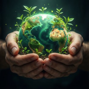 手捧著一個被綠色植物和發光粒子覆蓋的發光地球。