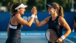 兩位女性網球選手在藍色球場上擊掌慶祝。