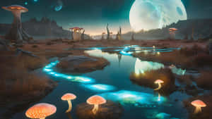 巨大月亮下的奇幻外星景觀中，發光的蘑菇和河流。 — 5120x2880 壁紙
