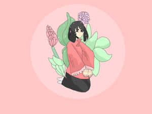 黑發動漫女孩被粉紅色花朵和綠葉包圍在粉紅色背景上。 — 淺棕色美學 壁紙