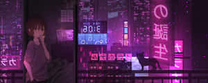 動漫女孩和貓剪影在窗邊，俯瞰夜晚發光的霓虹城市。