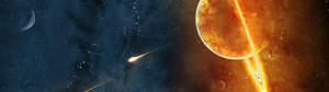 深空中帶有彗星和新月的熾熱環狀行星。