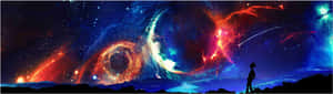 一個人站在宇宙景觀上的剪影，觀看發光的行星和星雲。 — 寬螢幕 壁紙