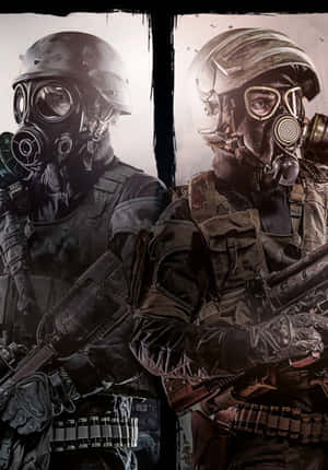 兩名武裝士兵戴著防毒面具和戰鬥裝備站在戰區。 — 遊戲 壁紙