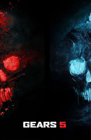 Gears 5 的深色遊戲海報中，兩個發光的頭骨，紅色和藍色。 — 遊戲 壁紙