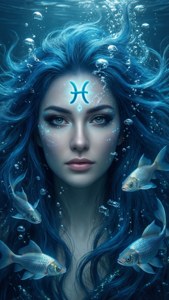 一位發光藍髮的美人魚，帶有雙魚座符號，在水下被銀色魚類環繞。 — iPhone 5 壁紙