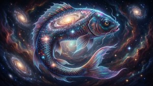 雙魚座符號內藏旋轉星系，漂浮於宇宙虛空，超現實。 — 雙魚座 GIF 壁紙