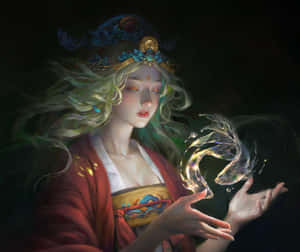 身穿紅袍的動漫女性用手召喚發光的龍靈 — 幻覺 壁紙