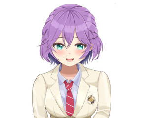 動漫女孩紫色頭髮和藍綠色眼睛穿著校服微笑