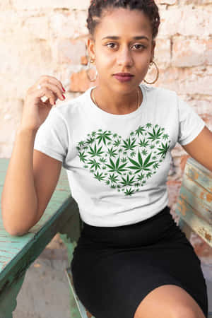 身穿白色T恤、帶有綠色大麻葉心形圖案的女子坐在綠色長椅上。