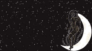 一位捲髮女性站在新月上，星空夜空下。 — 山邊 壁紙